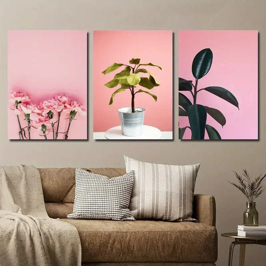 3pcs Animal Plant Flower Leaf Art Flowerpot Metal Print Ready to Hang Art