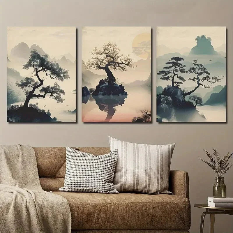 3pcs Vintage Japanese Abstract Plants and Trees Metal Print Ready to Hang Art