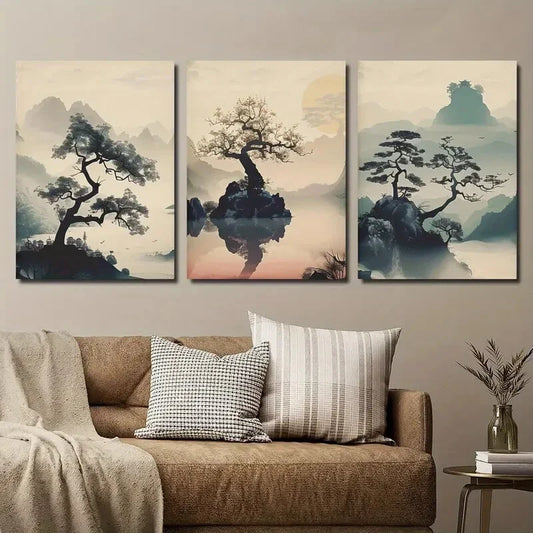 3pcs Vintage Japanese Abstract Plants and Trees Metal Print Ready to Hang Art