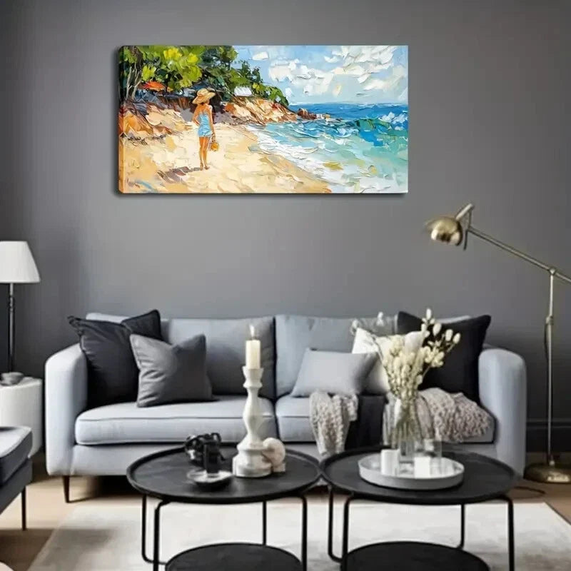 Lady Blue Dress Strolling Beach Wall Art Canvas Office Home Room Framed 120x60cm