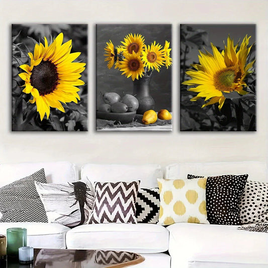 3pcs Sunflower and Elk Natural Style Black & White Metal Print Ready to Hang Art