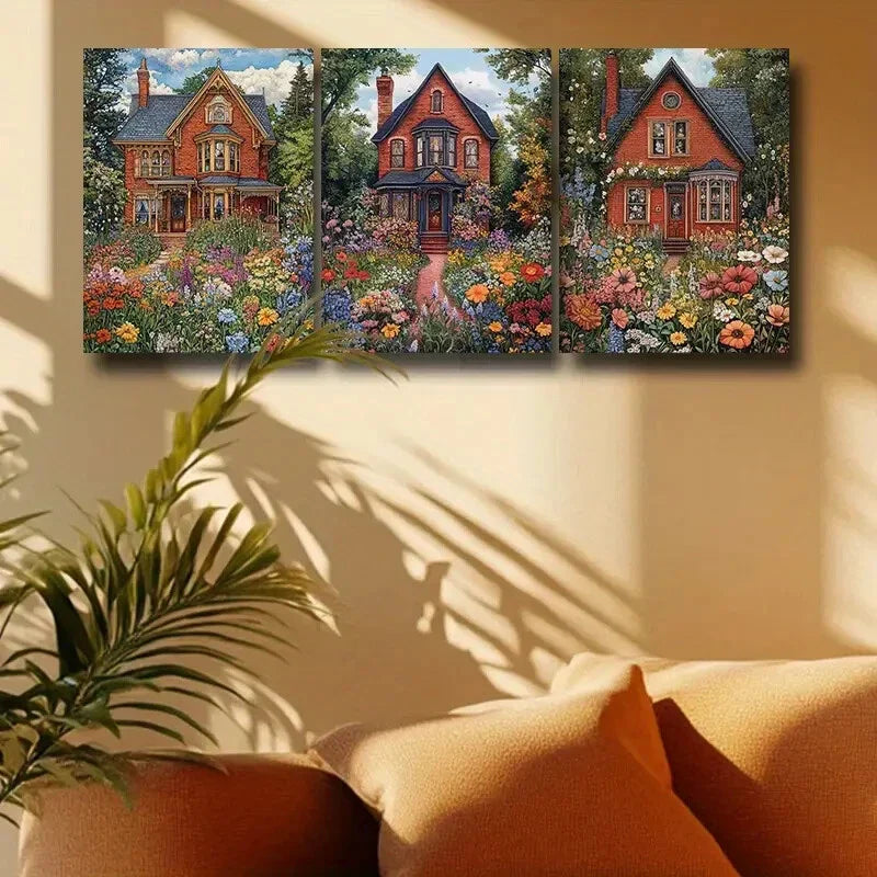 3pcs Victorian House with Vibrant Florals Metal Print Ready to Hang Art