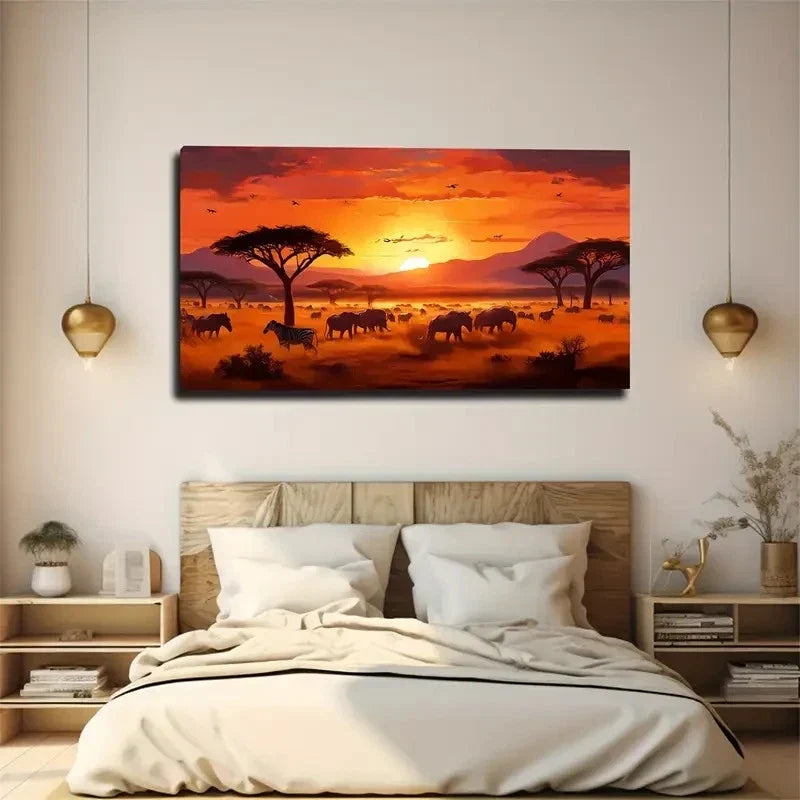 African Sunset Elephant Wall Art Canvas Office Home Room Framed 80x45cm