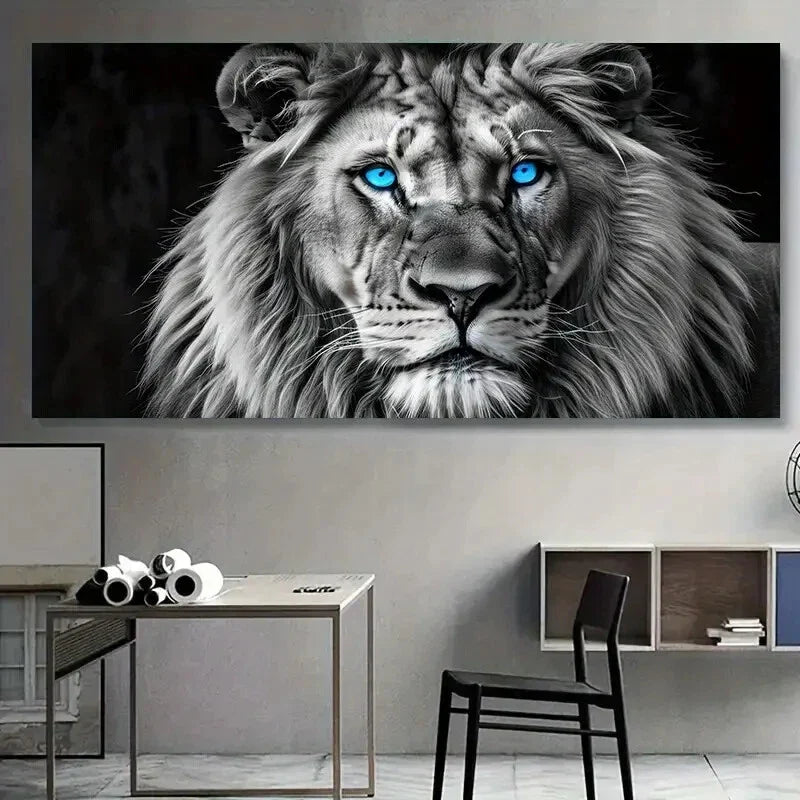 Black Lion with Blue Eyes wall canvas office home room framed 120x60cm