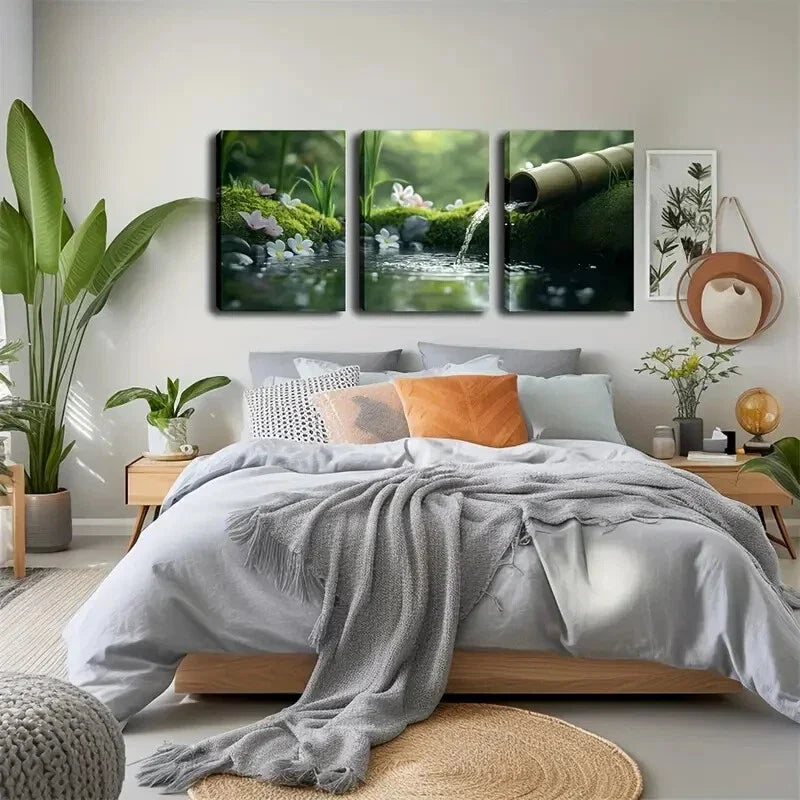3pcs Green moss Black pebble wading Realistic Wall Art Set Canvas Framed 40x60cm - High Quality Print 100% Australian Made Wall Canvas Ready to Hang