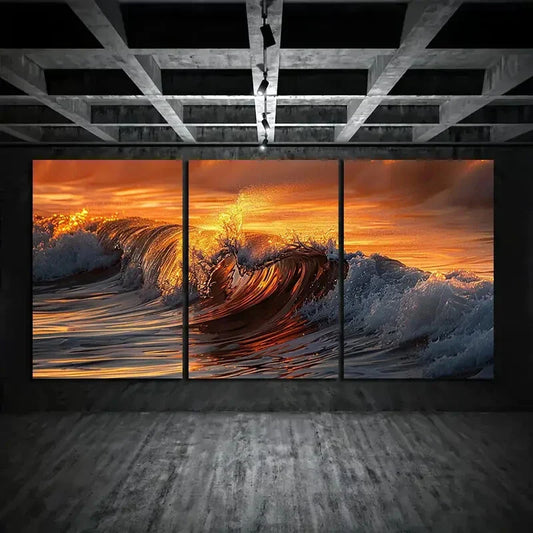 3pcs Beach Waves Orange Water Metal Print Ready to Hang Art