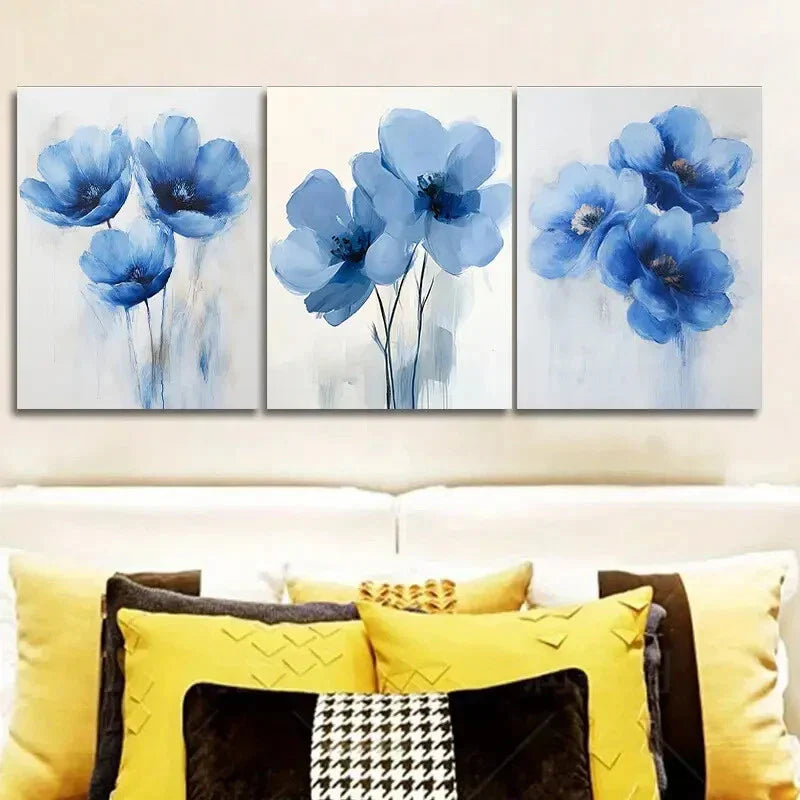 3pcs Blue Flowers In White Background Floral Metal Print Ready to Hang Art