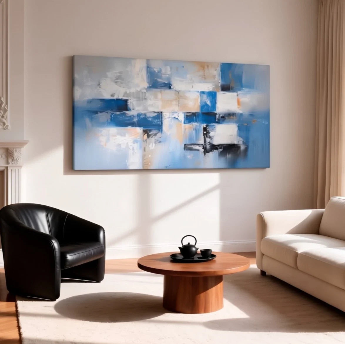 Blue and White Block Abstract Wall Art Canvas Office Home Framed 80x45cm
