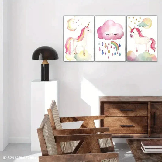 3pcs Rainbow & Clouds Colorful Hair Unicorn Metal Print Ready to Hang Art