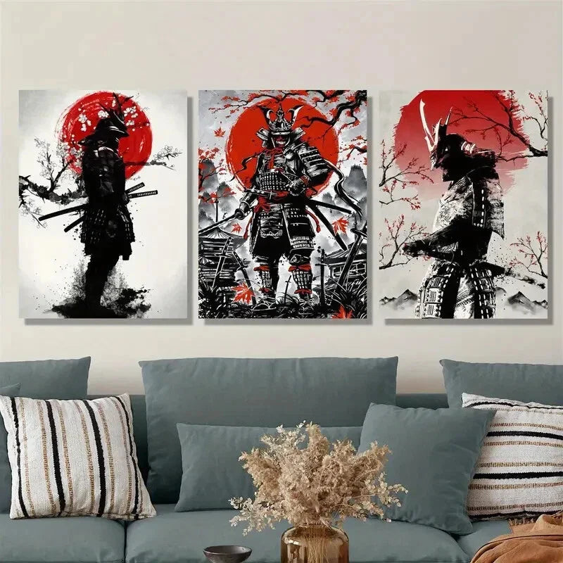 3pcs Japanese style, samurai, sun, ink painting Metal Print Ready to Hang Art