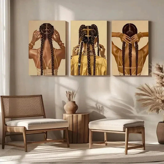 3pcs Fashion Braids Abstract Woman African Metal Print Ready to Hang Art