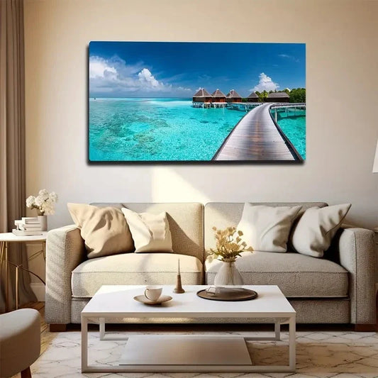 Tropical Beach Villa Wall Art Canvas Office Home Room Framed 80x45cm