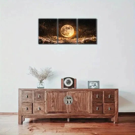 3pcs Space Starry Sky Full Moon & Golden Stars Metal Print Ready to Hang Art