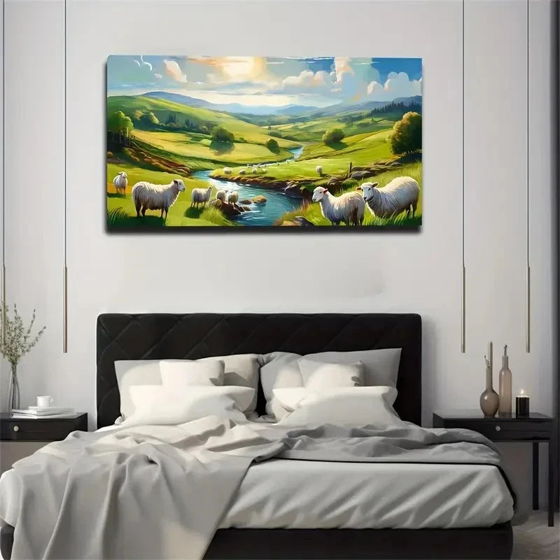 Lush Prairie With Sheep River Wall Art Canvas Office Home Room Framed 120x60cm