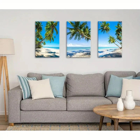 3pcs  Coastal Palm Tree & Ocean Seascape Metal Print Ready to Hang Art