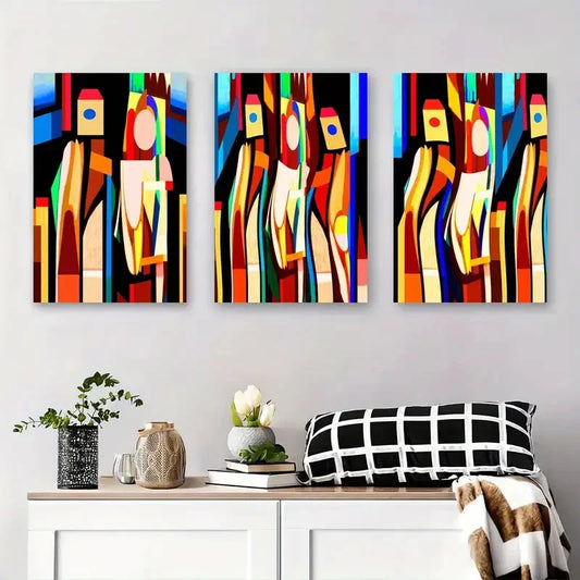3pcs Bold Colorful Cubism Design with Dynamic Metal Print Ready to Hang Art