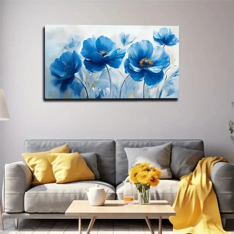 Blue Flowers With Yellow Center Wall Art Canvas Office Home Room Framed 120x60cm