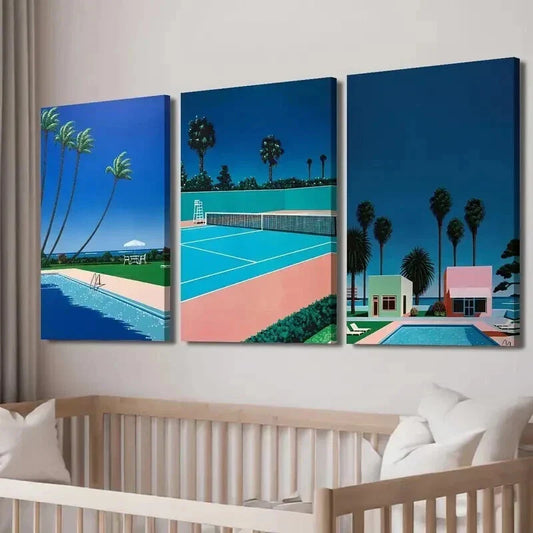 3pcs Coastal Landscape & Poolside Palm Trees Wall Art Set Canvas Framed 40x60cm - High Quality Print 100% Australian Made Wall Canvas Ready to Hang