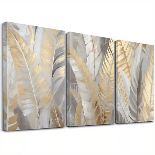 3pcs Abstract Golden Leaf Palm Canvas Framed 40x60cm - High Quality Print 100% Australian Made Wall Canvas Ready to Hang