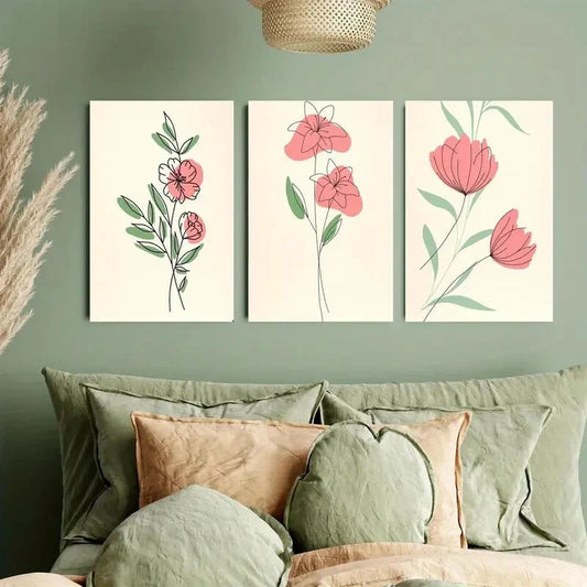 3pcs Minimalist Rose Pink and Leaves Metal Print Ready to Hang Art