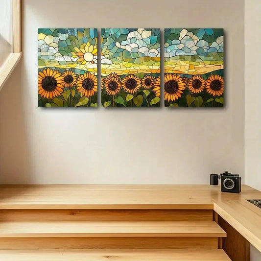 3pcs Vibrant Yellow & Orange Sunflowers in a Field Design Metal Print Ready to Hang Art