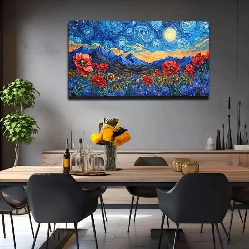 Starry Night With Yellow Moon Wall Art Canvas Office Home Room Framed 120x60cm.