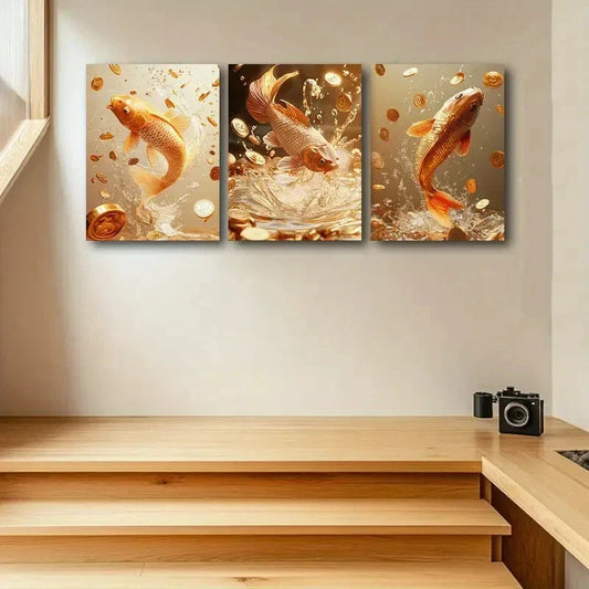 3pcs Modern Golden Carp Design Metal Print Ready to Hang Art