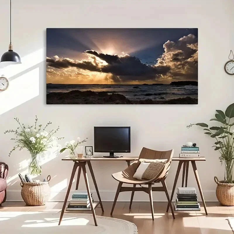 Vibrant Clouds & Sun Rays Ocean Wall Art Canvas Office Home Room Framed 120x60cm
