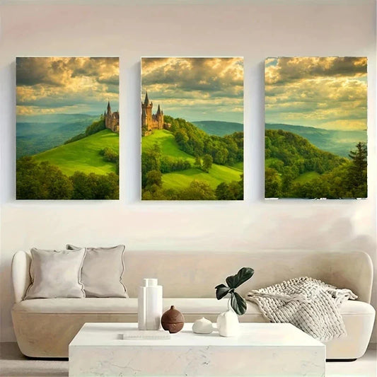 3pcs A Castle Perched on a Hill White Wolf Metal Print Ready to Hang Art
