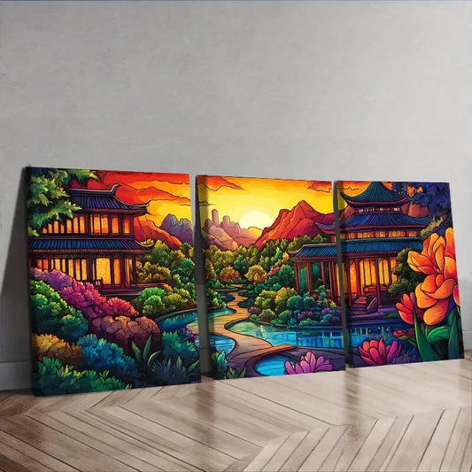 3pcs Colorful ancient Chinese buildings Wall Art Set Canvas Framed 40x60cm - High Quality Print 100% Australian Made Wall Canvas Ready to Hang