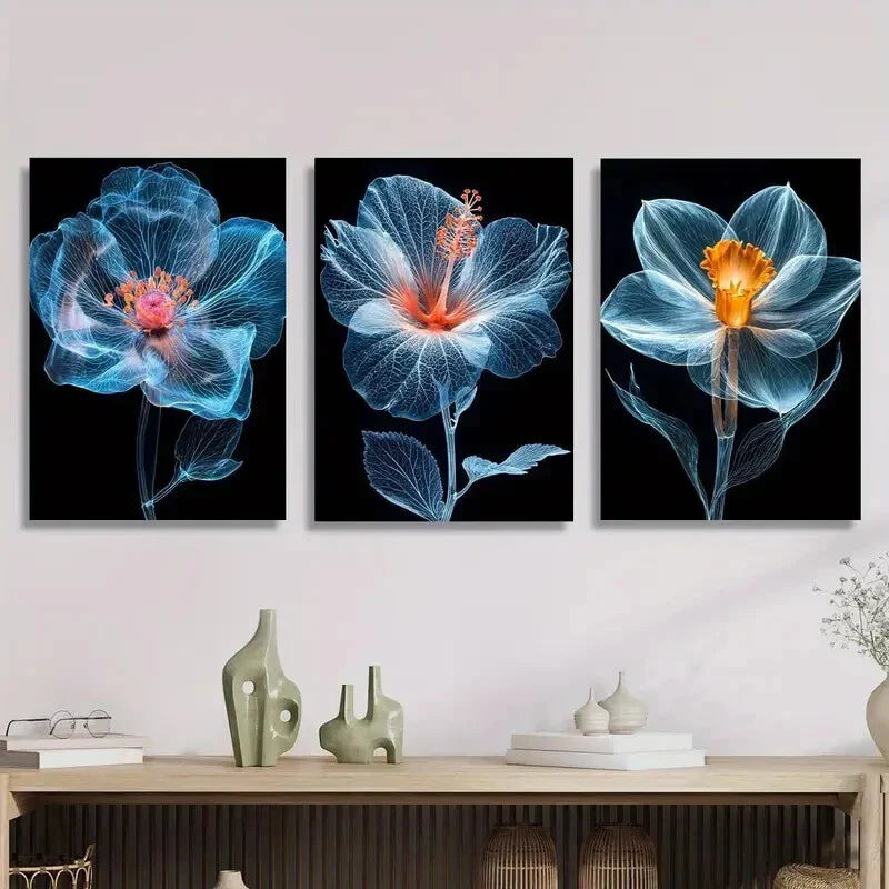 3pcs  Translucent blue flowers poster Metal Print Ready to Hang Art