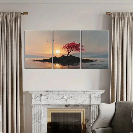 3pcs Sunset Solitude Red Tree Rocky Island Metal Print Ready to Hang Art