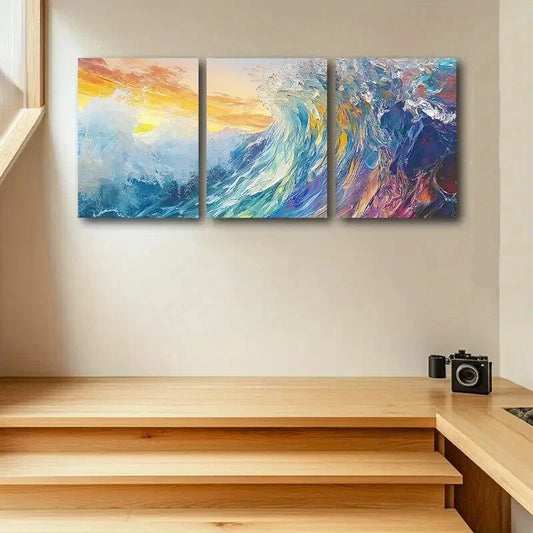 3pcs Modern Abstract Seascape with Sunset & Waves Metal Print Ready to Hang Art