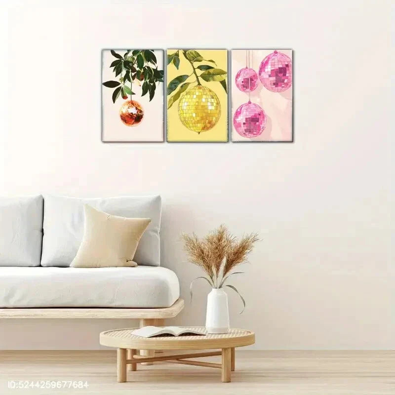 3pcs Crystal Ball Lemon Apple Orange Decoration Metal Print Ready to Hang Art