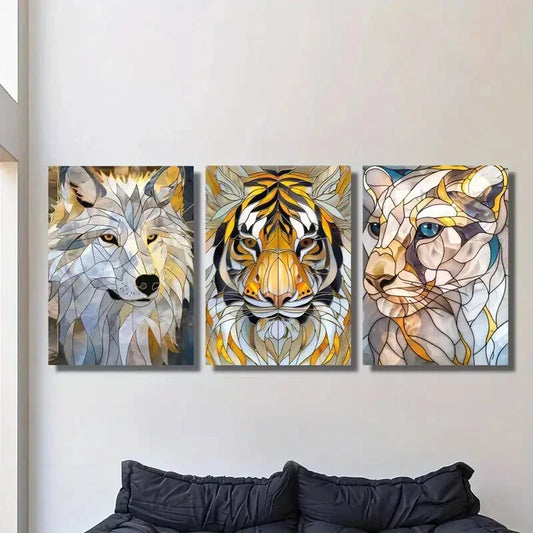 3pcs abstract tiger art, cheetah stained glass Metal Print Ready to Hang Art