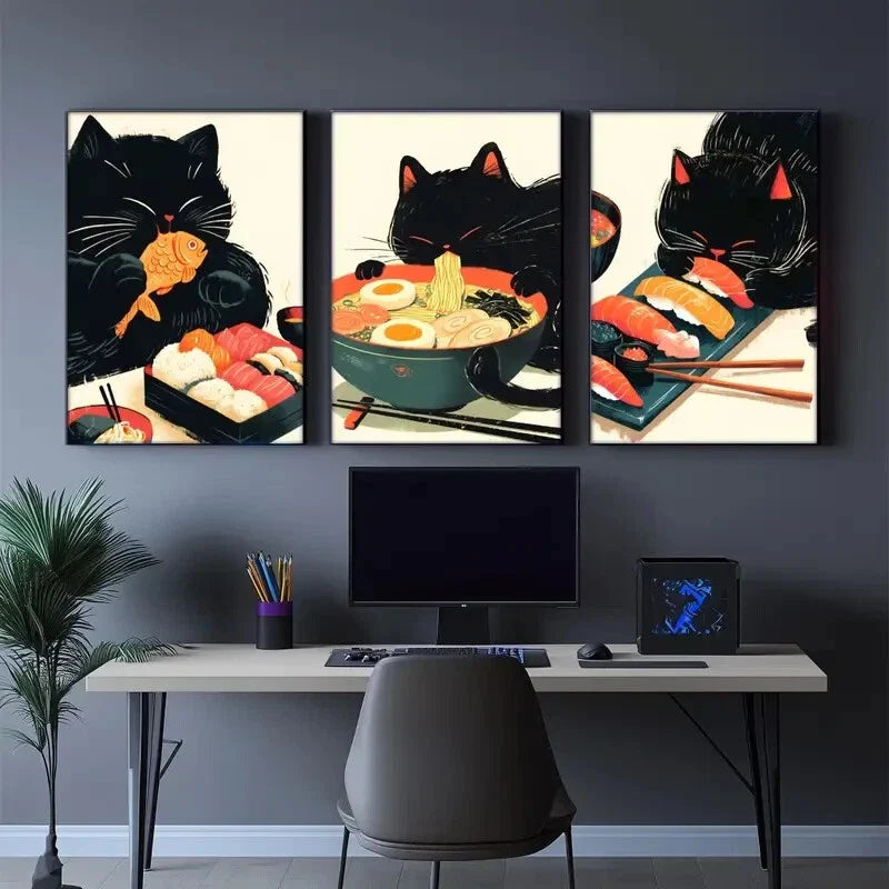 3pcs Black Cat Illustration Art Print Cute Cats Metal Print Ready to Hang Art