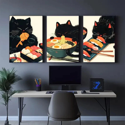 3pcs Black Cat Illustration Art Print Cute Cats Metal Print Ready to Hang Art