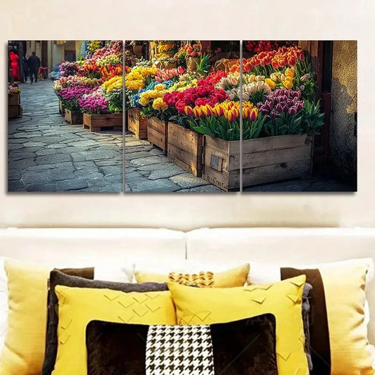 3pcs Colorful Flower Market Scene Metal Print Ready to Hang Art