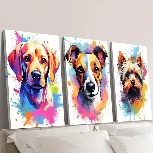3pcs   Vibrant Dog Portrait Adorable Puppies Wall Art Set Canvas Framed 40x60cm - High Quality Print 100% Australian Made Wall Canvas Ready to Hang