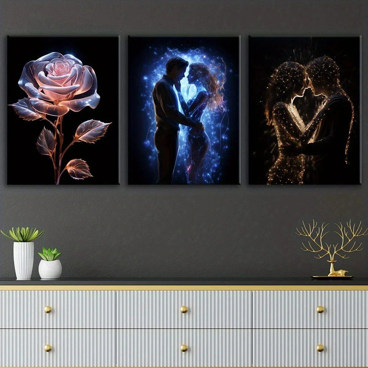 3pcs Romantic Couple Embrace Rose Metal Print Ready to Hang Art