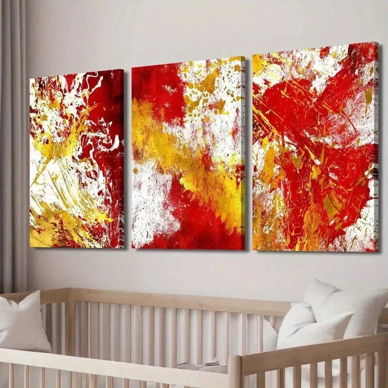3pcs Red Golden & White Splatter Decor Wall Art Set Canvas Framed 40x60cm - High Quality Print 100% Australian Made Wall Canvas Ready to Hang