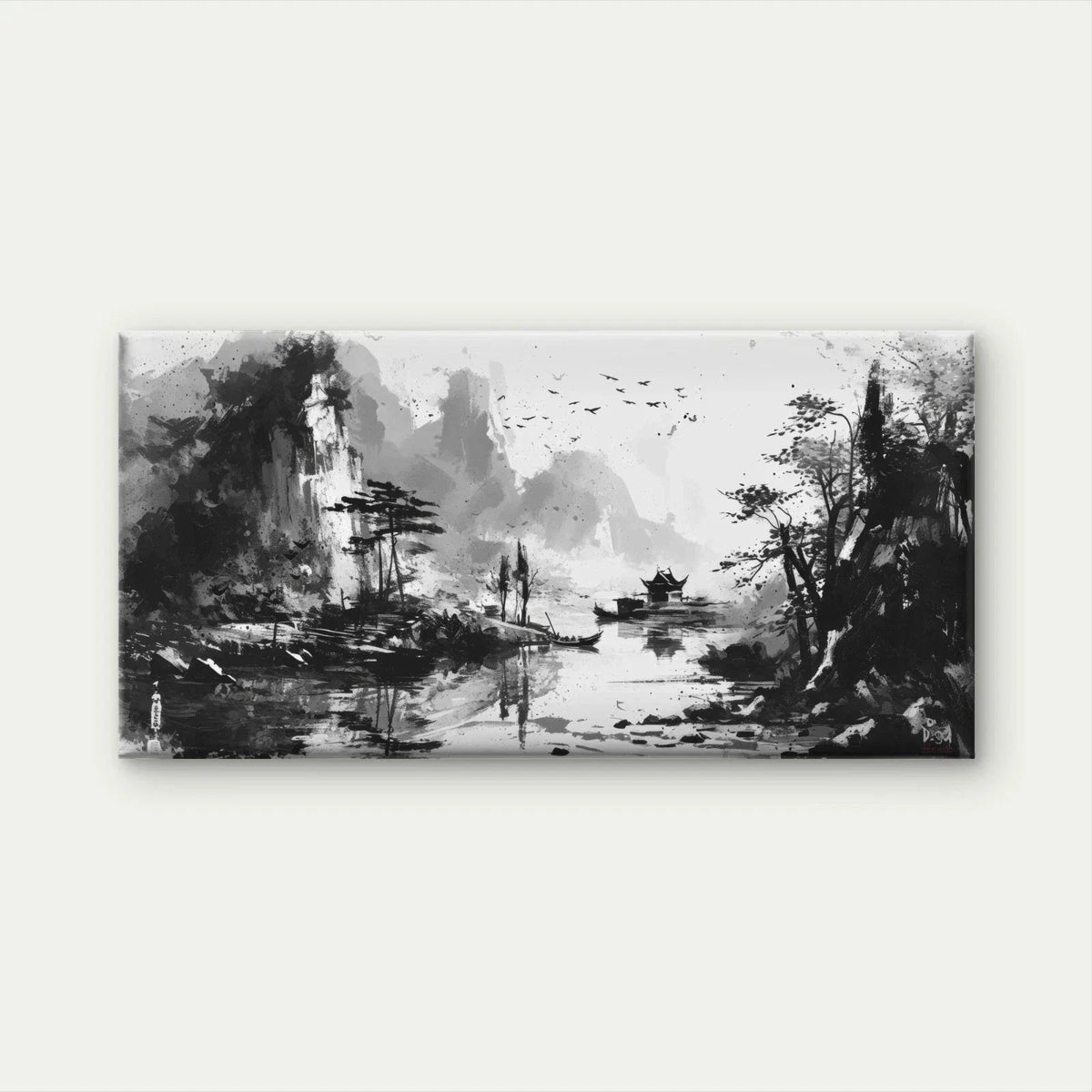 Chinese Ink Wash Style Landscap Wall Art Canvas Office Home Room Framed 120x60cm
