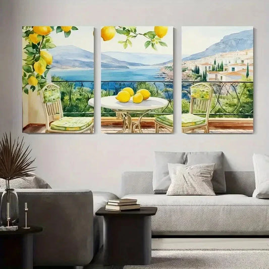 3pcs Mediterranean Lemon Balcony Metal Print Ready to Hang Art