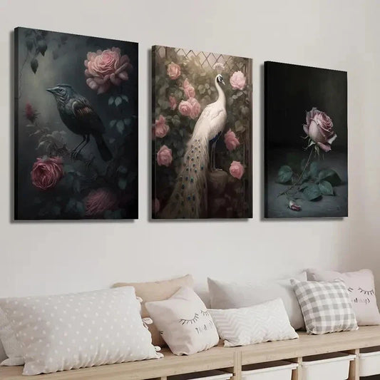 3pcs Gothic Animal Bird and Pearooster Wall Art Set Canvas Framed 40x60cm - High Quality Print 100% Australian Made Wall Canvas Ready to Hang