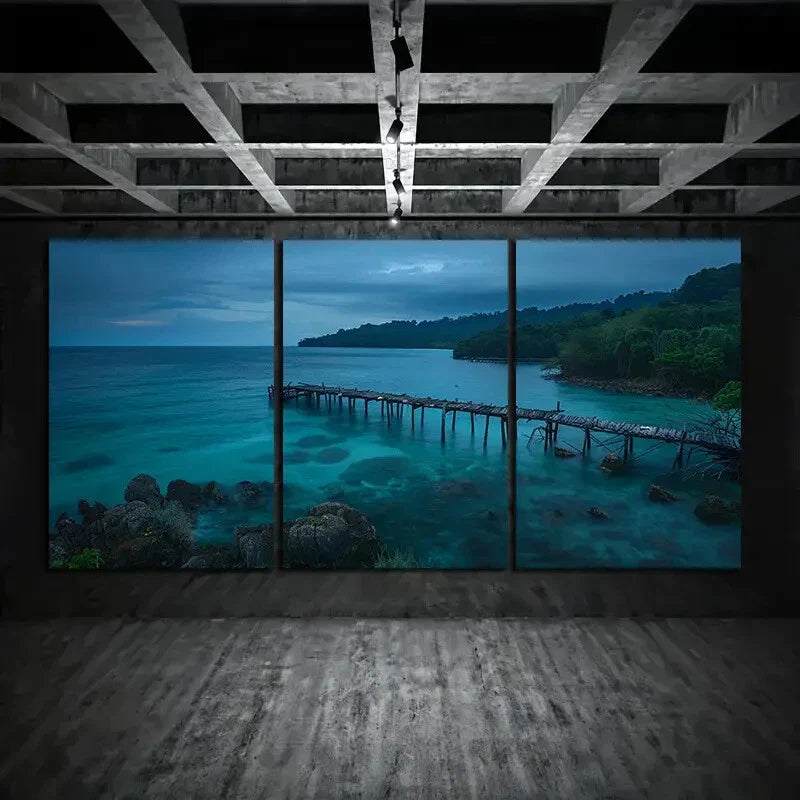 3pcs Old Wooden Dock Of Turquoise Sea Metal Print Ready to Hang Art