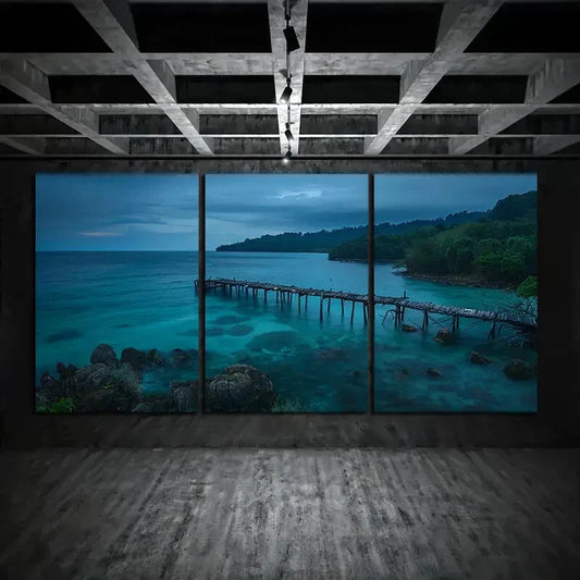 3pcs Old Wooden Dock Of Turquoise Sea Metal Print Ready to Hang Art