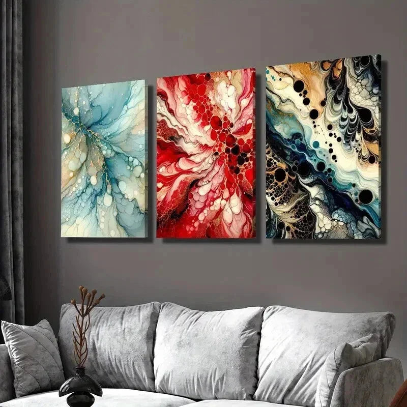 3pcs Blue Red and Black Abstract Fluid Texture Wall Art Set Canvas Framed 40x60cm - High Quality Print 100% Australian Made Wall Canvas Ready to Hang