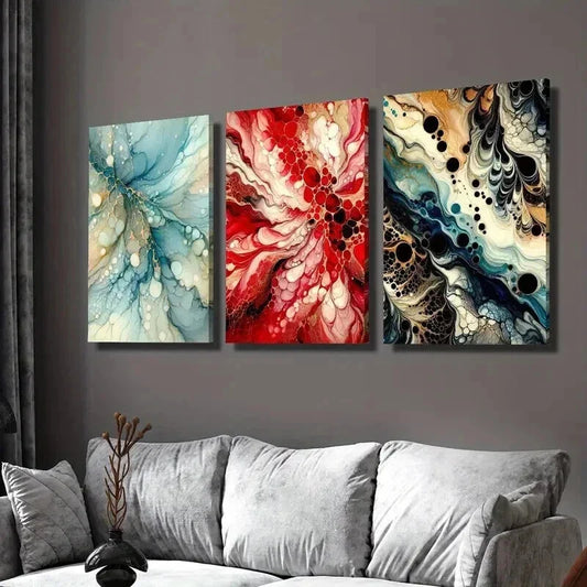 3pcs Blue Red and Black Abstract Fluid Texture Wall Art Set Canvas Framed 40x60cm - High Quality Print 100% Australian Made Wall Canvas Ready to Hang
