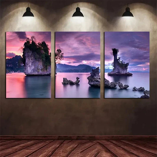 3pcs Sunset Rocks Scenic Stones Purple Metal Print Ready to Hang Art