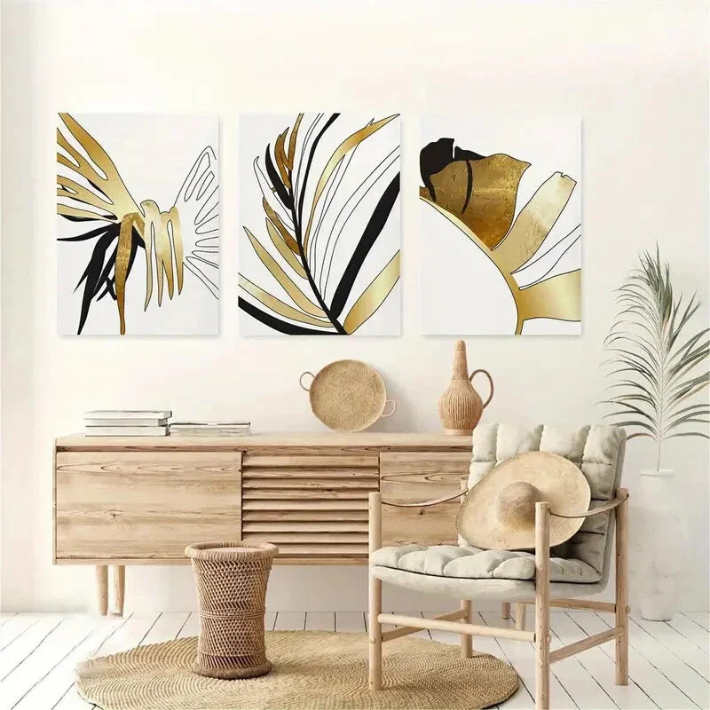 3pcs Black and Golden Modern Botanical Design Metal Print Ready to Hang Art